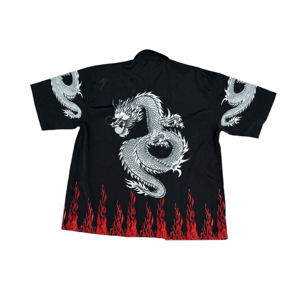 Vtg Shaolin   Mens Size XL  Y2k Chinese Dragon  Flames Print Shirt Black‎